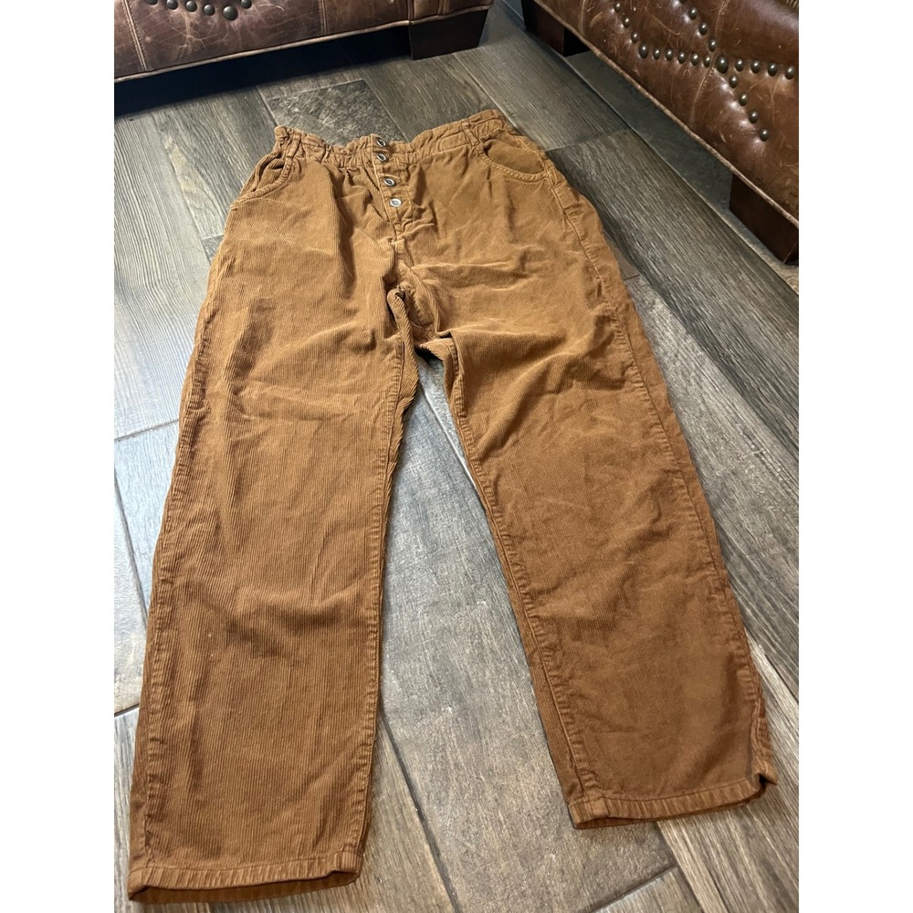 Brown Corduroy Paperbag Waist Pants Straight Leg Button Fly Tobacco Trousers